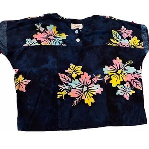 Blue Floral Pink TOP Hawaiian Yellow Art-to-Wear Rayon CROPPED Short Sleeve Med